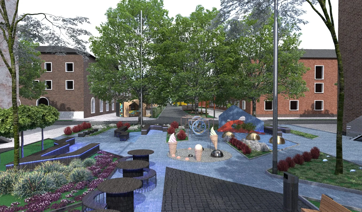 Visualisation of a water play area with fountains and planting between residential buildings