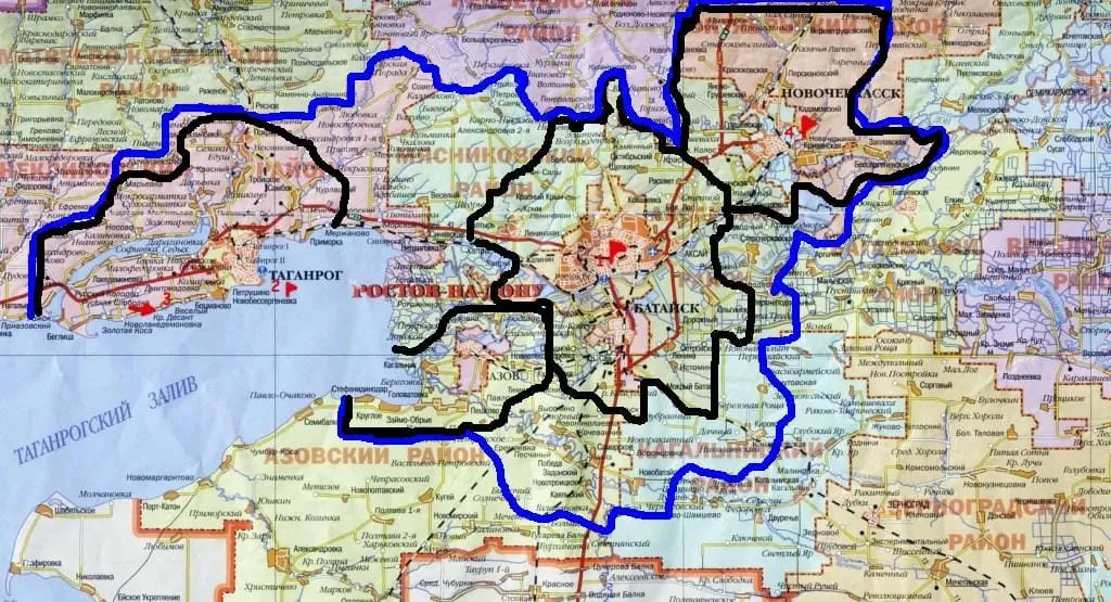 Road map of the Rostov region with the boundary of the Great Rostov conurbation drawn in blue