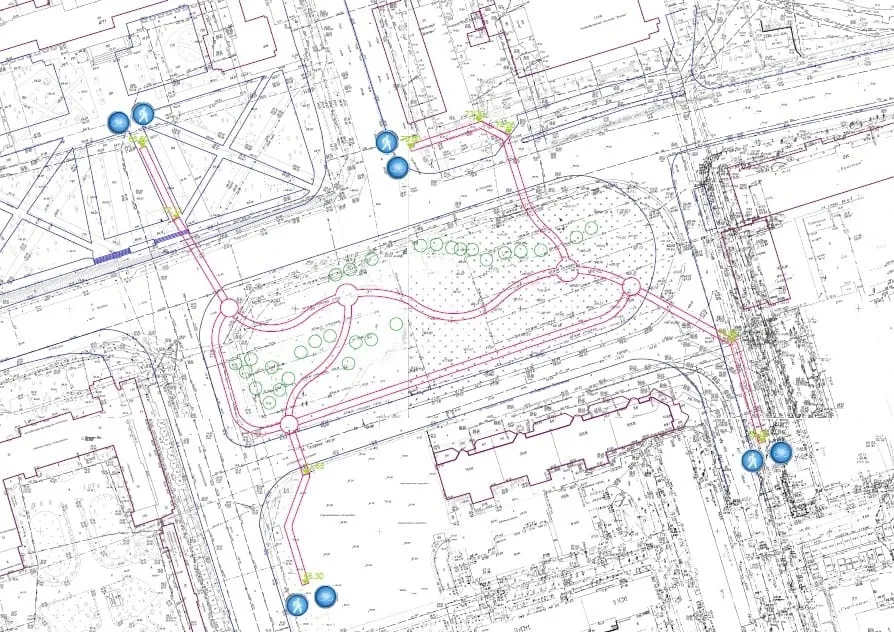 Plan of the bridge with four ramps and rest areas on a survey drawing of the square