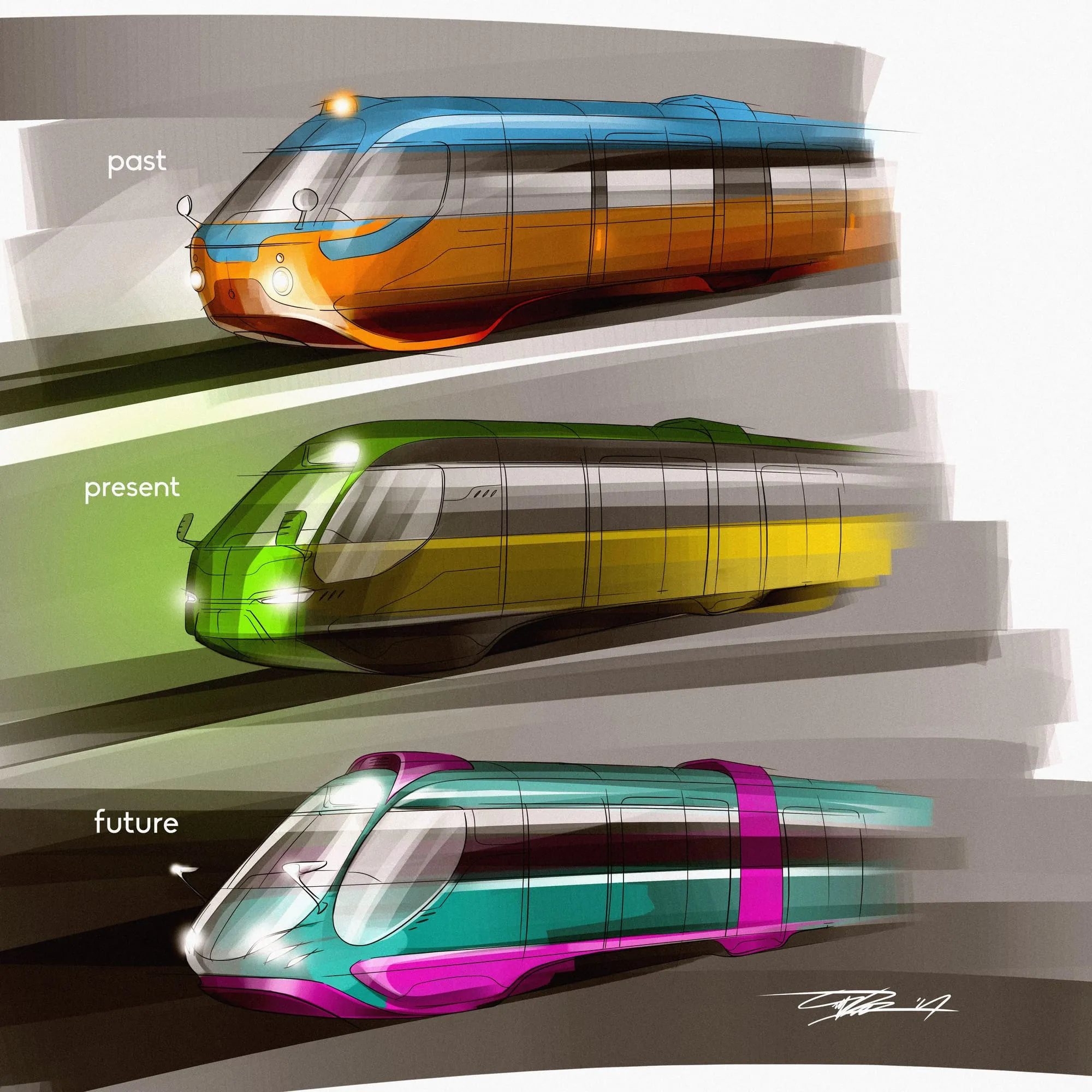 Three concept sketches for the Tatra T3 redesign: past, present, future