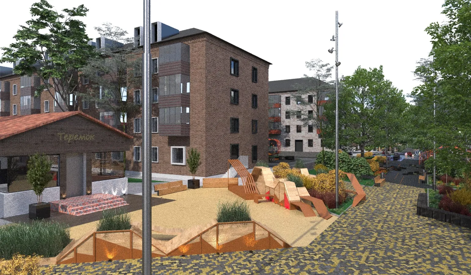 Visualisation of a garden area with a wooden pavilion, play structures and trees