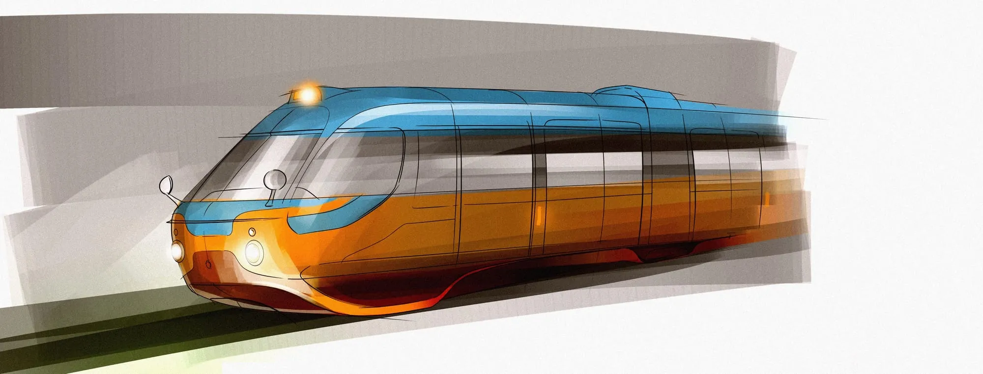 Sketch of a restyled Tatra T3 tram in orange and blue