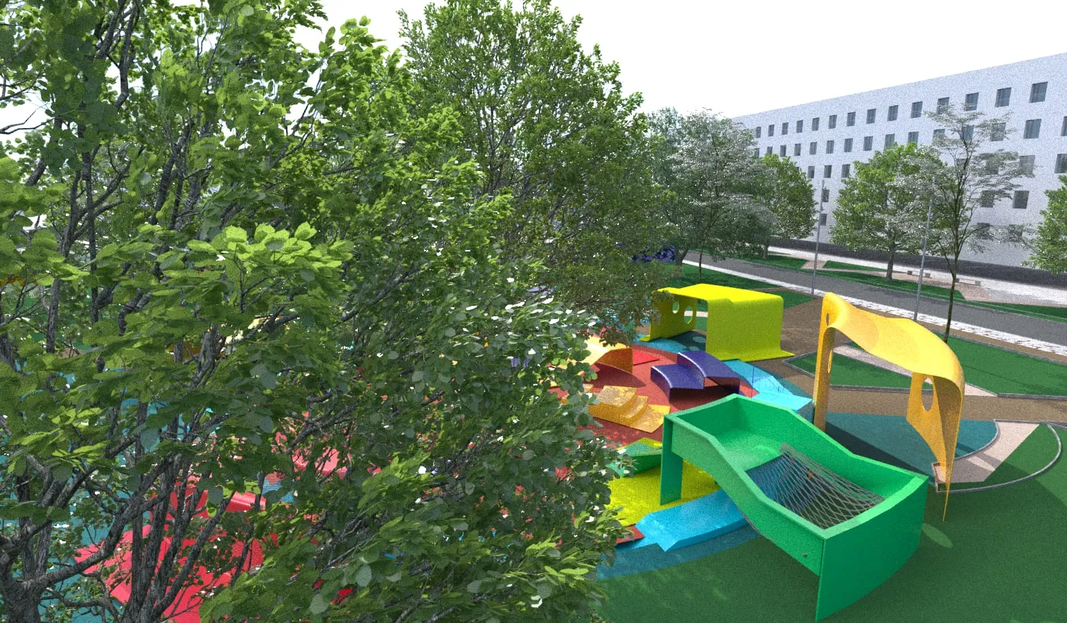Aerial visualisation of a colourful children's playground among trees