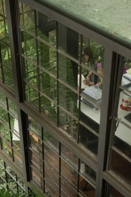 Through tall steel-framed windows overgrown with greenery, an architect works at a desk inside the studio