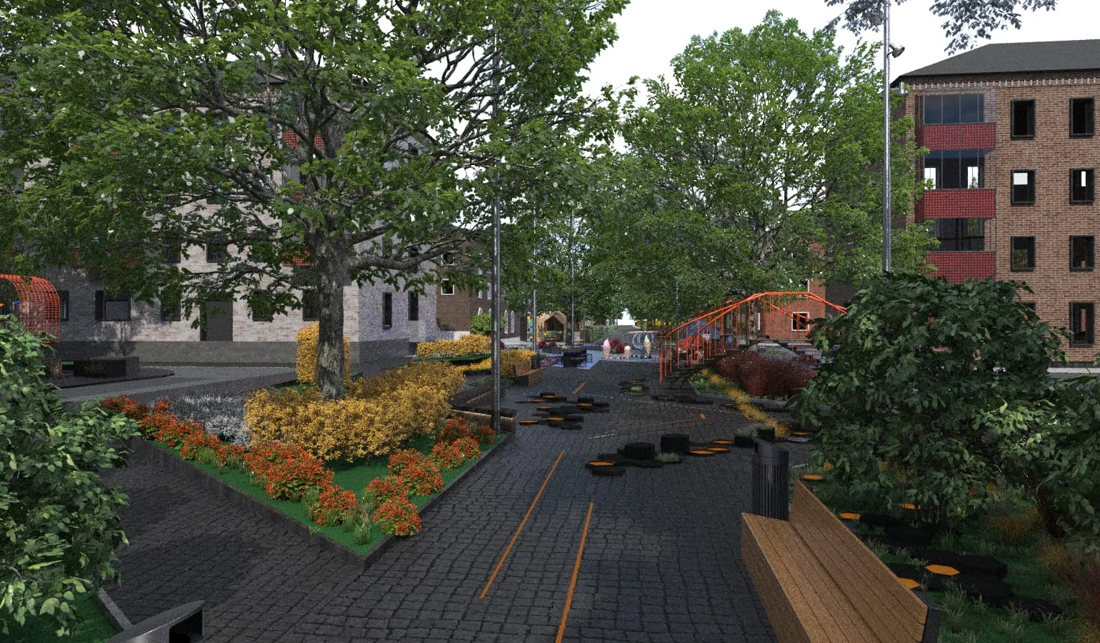 Visualisation of a planted path with dark paving, flower beds and benches