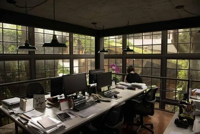 The open-plan studio with desks, computers and stacks of papers, surrounded by windows looking out onto trees
