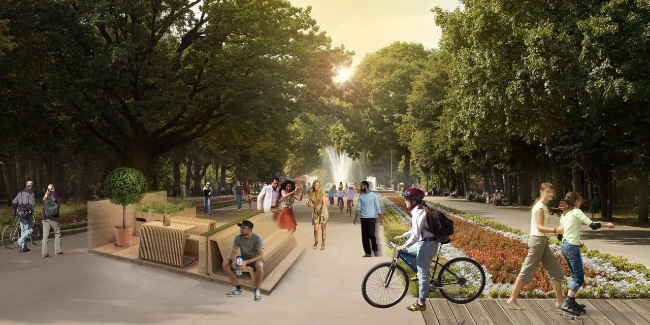 Visualisation of the micro-park on a park alley with people and bicycles