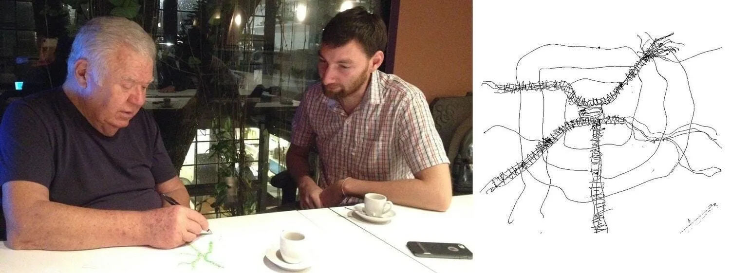 Jaime Lerner sketching at a table while Mihail Veklenko watches; next to them, his line sketch of Curitiba’s transport plan with trunk lines crossing the centre and rings of connecting routes