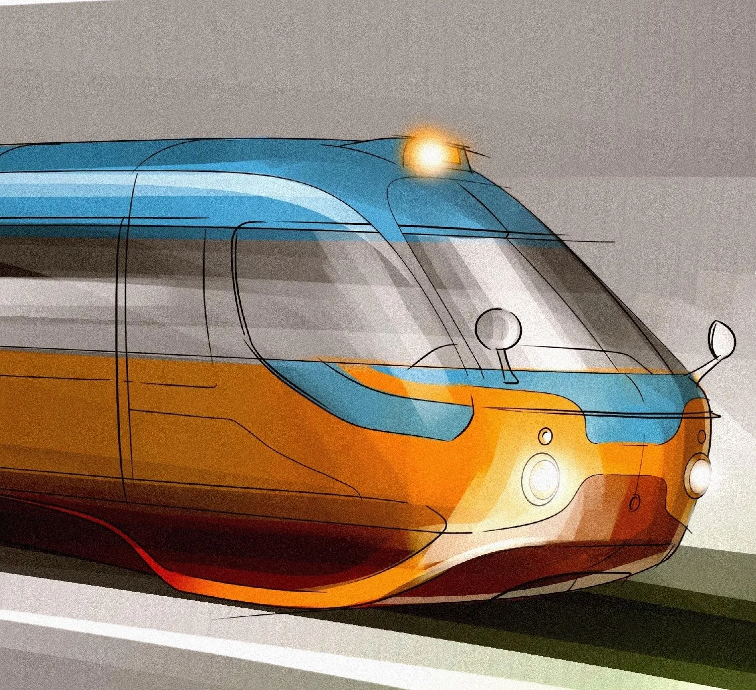 Sketch of the updated front of the Tatra T3 tram in orange and light blue — the version presented at Urban Festival Rostov 2014