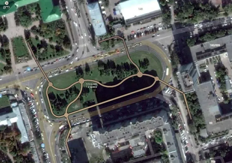 Aerial view of Gagarin Square with the proposed bridge routes drawn over it