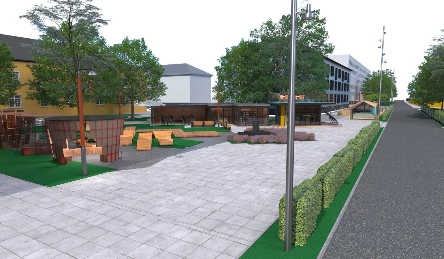 Visualisation of a new square on the boulevard with wooden pavilions, deck chairs and trees